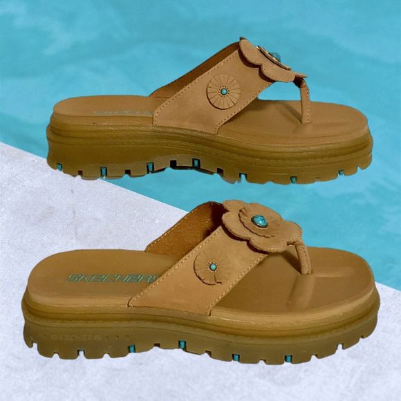 Vtg 90's Y2K Skechers Sky Jammers Wheat Tan Leather Thong Sandals Size 6 W WIDE - Picture 2 of 16